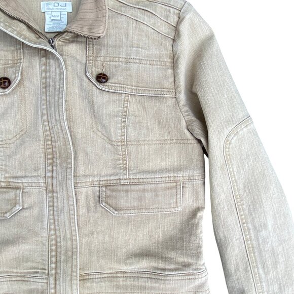 DJ Washed Denim Bomber Jacket Tan Utility Distressed Aviator Pilot Y2K 90s-M - Picture 7 of 16